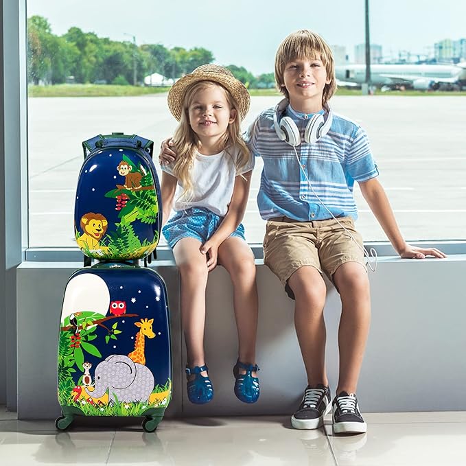 BABY JOY 2 PC Kids Luggage, 16" Toddlers Carry-on Suitcase & 12” Backpack Set, Children Travelling Case w/ 4 Casters & Retractable Handle, Lightweight Trolley Case for Boys & Girls (Elephant)