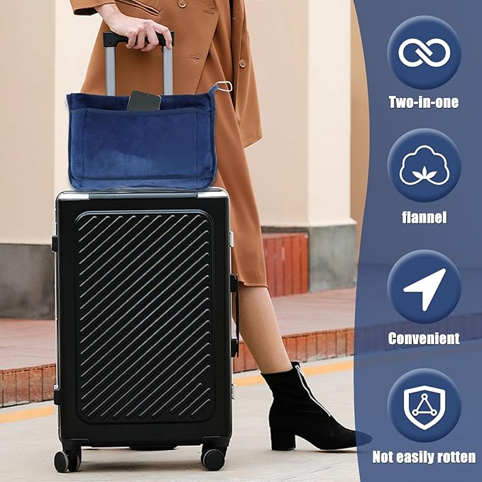 Travel Blanket, 2 in 1 Soft Flannel Airplane Blanket Warm Travel Blanket Pillow with Luggage Strap and Buckle, Portable Compact Flight Blanket for Cars Airplanes Camping 63x39 Inch (Navy)