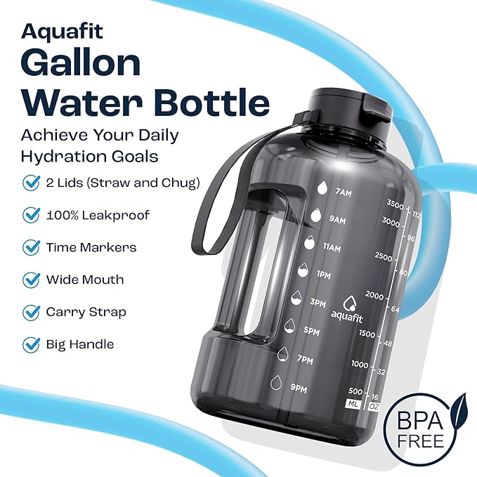 AQUAFIT 1 Gallon Water Bottle with Time Marker - Straw & Chug Lid - BPA Free Gym Water Bottle with Straw - Big Gallon Jug (Forest Fade, 128 oz - 2 Lids)