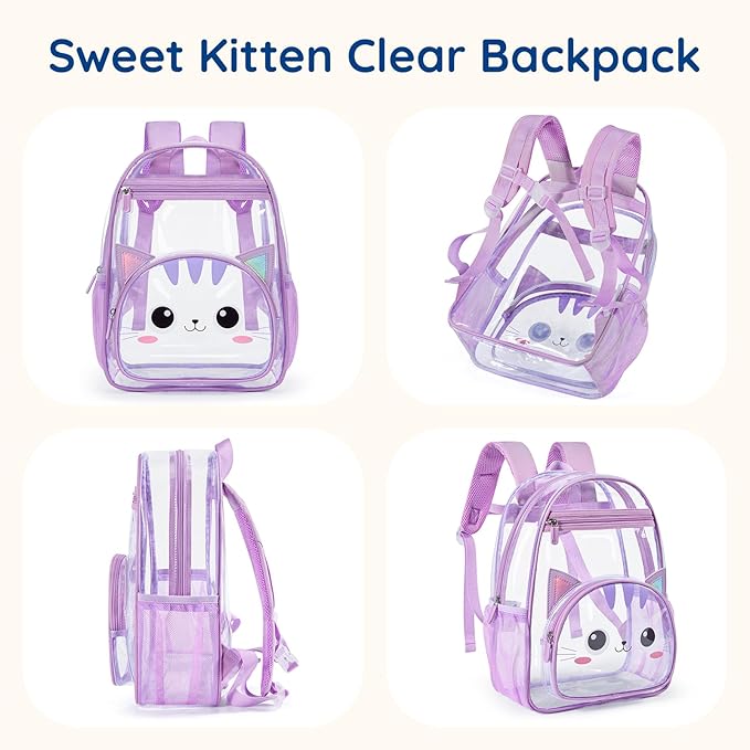 mommore Clear Backpack for Kids Cartoon Kitty Backpack for Girls 4-8 Water-Resistant See Through Cartoon Toddler Bookbag with Chest Strap for Preschool Kindergarten Travel, Purple