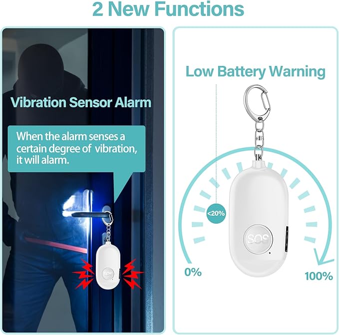 Hion Personal Safety Alarm for Women, 2 Pack Rechargeable 130dB Self Defense Alarm Keychain with LED Flashlight, Emergency Safe Sound Security for Children Elderly College Girls, Black+White