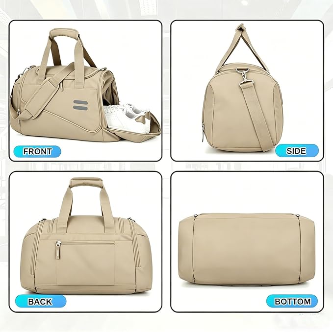Gym Bag for Men & Women - 30L Duffel Bag with Shoe Compartment, Weekender Water Resistant Duffle Bag for Travel, Sports, Fitness & Workouts, Khaki