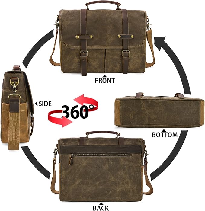 Mens Messenger Bag 15.6 Inch Waterproof Vintage Genuine Leather Waxed Canvas Briefcase Large Leather Computer Laptop Bag Rugged Satchel Shoulder Bag, Coffee