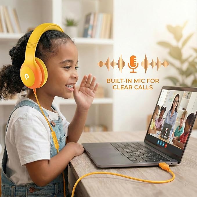 ADOOPE Wired Kids Headphones with USB C Plug, 85dB Safe Volume, Adjustable Headband, Tangle-Free Cord Headphones for School, Tablet, Travel (Yellow & Orange, with Microphone)