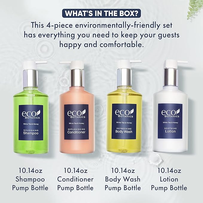 Eco Botanics Hotel Amenities Set | 10.14oz Pump Bottles | Shampoo, Conditioner, Hand & Body Wash, and Lotion | Set of 4