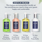 Eco Botanics Hotel Amenities Set | 10.14oz Pump Bottles | Shampoo, Conditioner, Hand & Body Wash, and Lotion | Set of 4