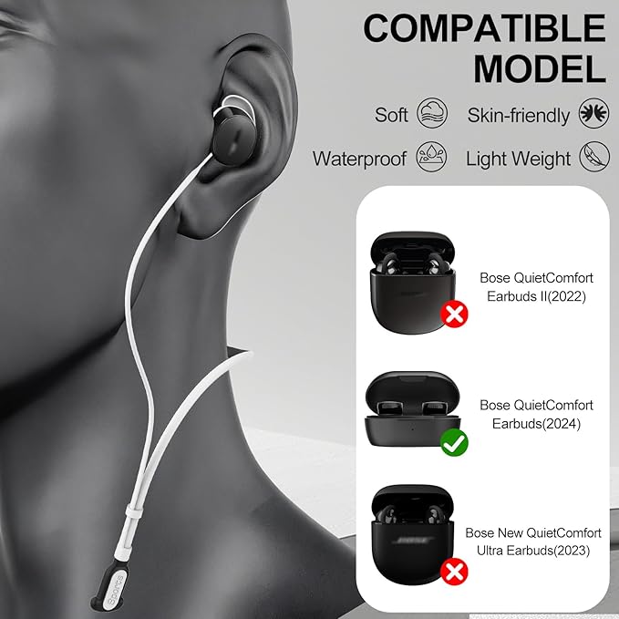 Compatible for Bose QuietComfort Earbuds (2024) Strap, Skin-Friendly Silicone Sports Neckband Wire Cord, Wireless Headphone Anti-Lost Strap, Black with White