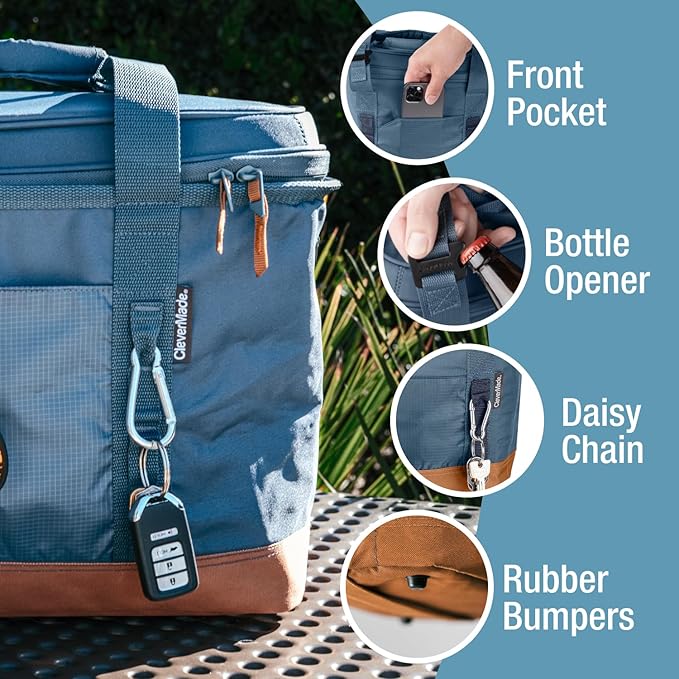 CleverMade Pacifica Collapsible Cooler Bag – Large Portable Cooler Bag for Travel, Foldable Insulated Cooler for Beach, Picnic & Tailgating, Holds Up to 50 Cans, Leakproof Soft Carry Cooler - Ocean