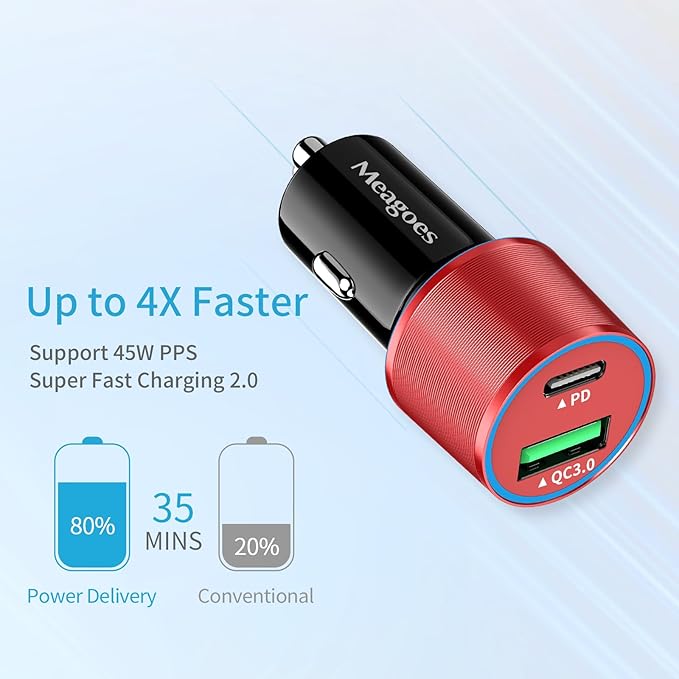 67.5W Red Car Charger USB C Super Fast Charging, 45W USBC&QC3.0 Port Plug for iPhone 17 Pro Max/Air/16/15/iPad, Samsung S26/S25 Android Cell Phone, Dual 12V Cigarette Lighter Adapter+3.3ft Type C Cord
