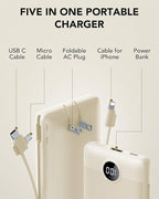 Portable Charger Built-in Cables and AC Wall Plug, USB C Power Bank 10000mAh, Travel Battery Portable Phone Charger Compact Lightweight External Battery Pack for Smart Phones, Tablets etc-Light Coffee