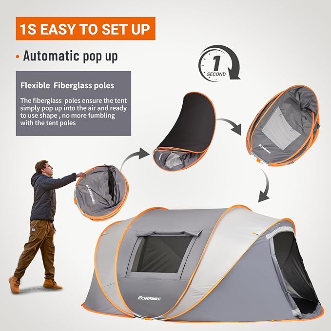 EchoSmile Pop Up Camping Tent, 2/4/6 Person Easy Setup Tent, Water Resistant Dome, Portable with Carry Bag