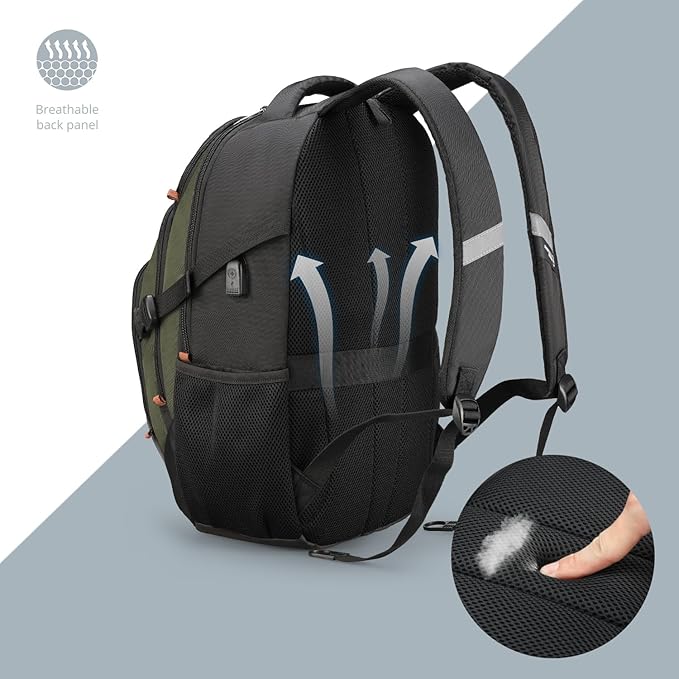 Swissdigital Design Laptop Backpack, Travel Backpack with USB Charging Port Fits 15.6 inches Computer, 31L College School Bookbag for Men,Olive/Black | SD803-26