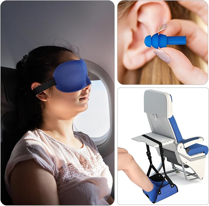 Yerliker Airplane Foot Hammock(Memory Foam) with Earplugs and Eye Mask Travel Necessities Adjustable Airplane Desk Foot Rest for Long Trip Pain and Swelling Relief(Blue)