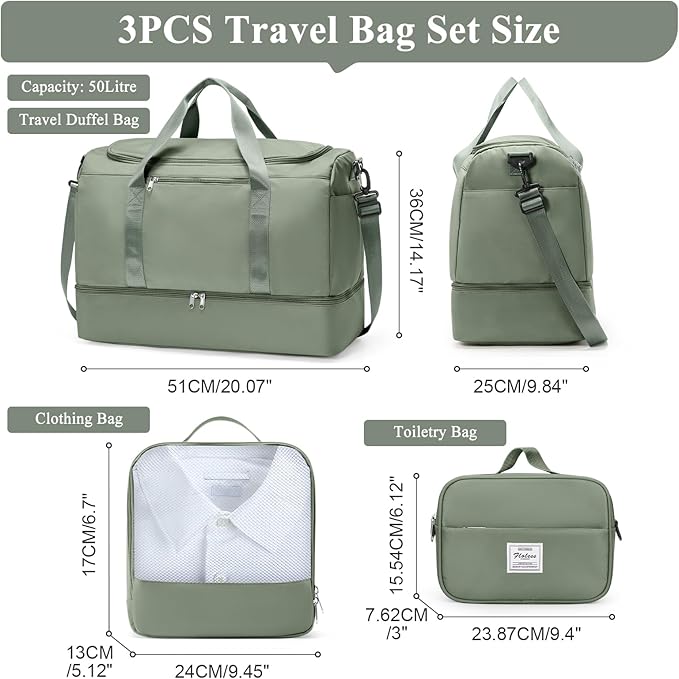 Large Travel Duffle Bag,Carry on Overnight Weekend Bag with Shoes Compartment,Weekender Bags for Women for Travel Business Trips Sport Hospital,3 Pcs Set,Olive Green
