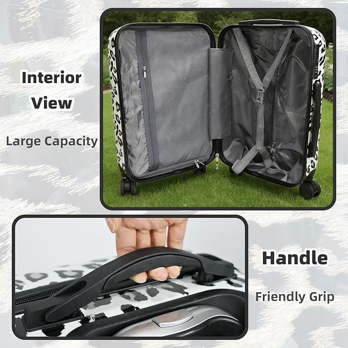 Luggage Sets 4 Piece Leopard Print, ABS+PC Hardside Suitcase Set with 360° Silent Spinner Wheels, TSA Lock, Lightweight Rolling Travel Luggage with Adjustable Handle, 14/20/24/28 Inch (Leopard White)