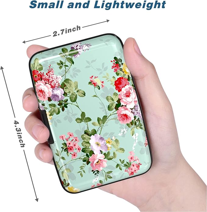 Credit Card Holder, Mini Aluminum Card Wallet RFID Blocking Slim Metal Hard Card Case for Women Men, Green Flowers