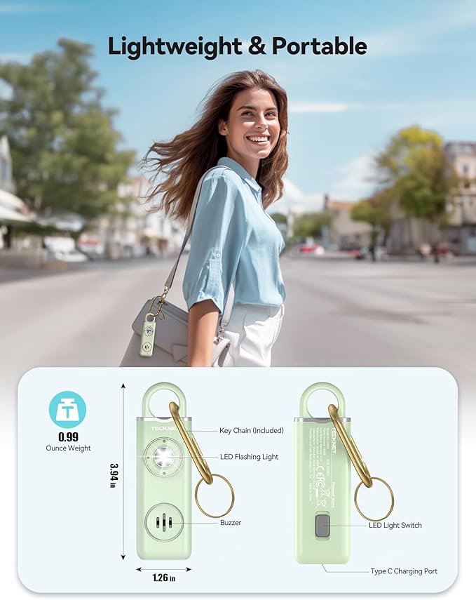 TECKNET Rechargeable Personal Safety Alarm for Women, 130dB Self Defense Keychain Alarm with SOS Strobe Light, Low Battery Notice, Personal Alarm Loud Siren Safety Keychain for Girls Kids Elderly