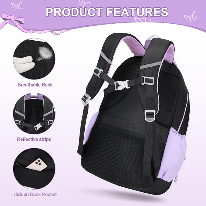 DIGOBAY Backpack for Girls, 3PCS Girls Backpack for School with Lunch Bag Pencil Case, Cute Kids Teens Bookbag for Kindergarten Elementary Preschool Middle School (Black-Purple)