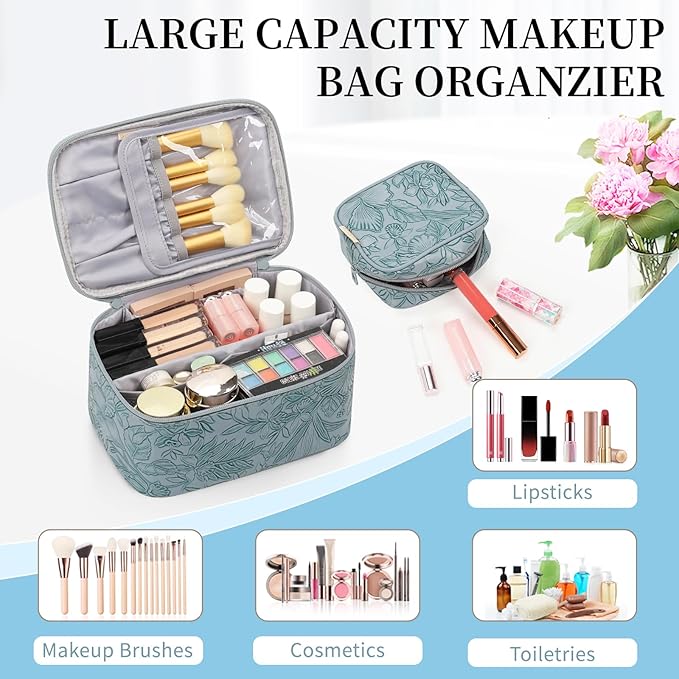 OCHEAL Makeup Bag Set, Portable Travel Makeup Bags Cosmetic Organizer Bag for Women Cute Floral Cosmetic Pouch Large Capacity Make up Bag PU Leather Toiletry Bags with Divider and Handle-Blue