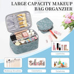OCHEAL Makeup Bag Set, Portable Travel Makeup Bags Cosmetic Organizer Bag for Women Cute Floral Cosmetic Pouch Large Capacity Make up Bag PU Leather Toiletry Bags with Divider and Handle-Blue
