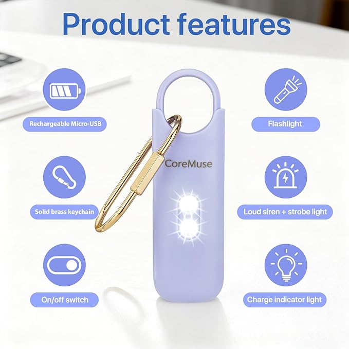 Personal Safety Alarm for Women – Panic Button 130dB Siren with Dual LED Strobe Flashlight, Rechargeable Self Defense Keychain for Night Walking, Campus, Travel Gifts for Women (Violet)