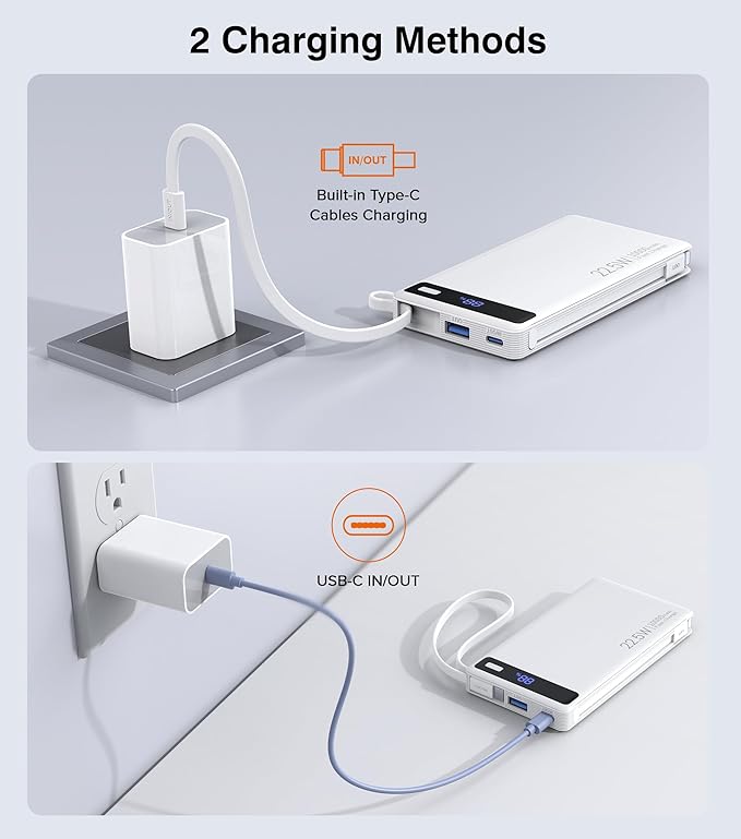 Power Bank with 2 Built-in Cables 10000mAh, 22.5W PD Slim Portable Charger USB C Battery Pack, Travel Essentials Fast Charging Powerbank Compatible with iPhone 17 16 Plus Pro Galaxy iPad White(1 Pack)