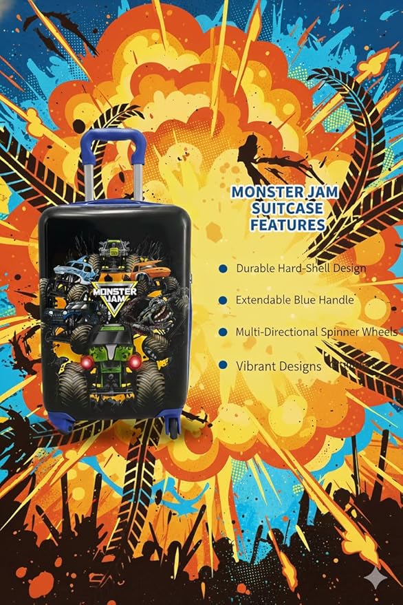 Fast Forward Monster Jam 20" Hardshell Luggage - Cute & Durable Hard-side Suitcase for Travel with Spinner Wheels 20"x12"x8"