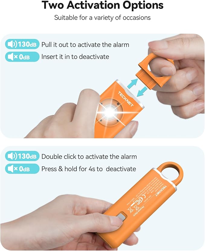 TECKNET Rechargeable Personal Safety Alarm for Women, 130dB Self Defense Keychain Alarm with SOS Strobe Light, Low Battery Notice, Loud Siren Safety Keychain for Girls Kids Elderly - Orange