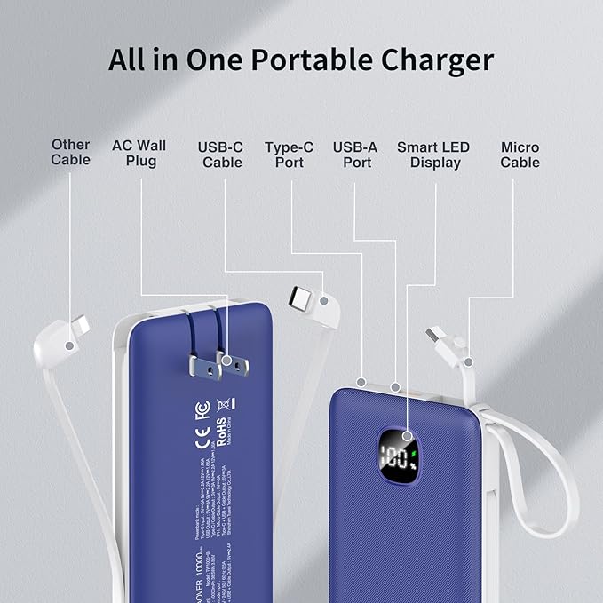 penaover Portable Charger with Built-in Cables&AC Wall Plug,Slim 10000mAh 22.5W Fast Charging Power Bank,5 Output 2 Input USB-C External Battery Pack Compatible with iPhones,Samsung,Android, etc