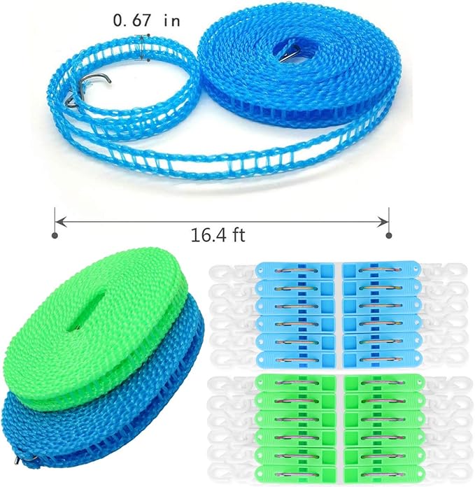 Foshine Clotheslines 2 Pack Clothesline Clothes with 24 Pcs Clips Drying Rope Portable Windproof for Travel Indoor Outdoor Laundry Clothes Line Hanger Camping Home