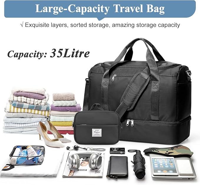 Travel Duffel Bag for Women, Carry-on Overnight Weekender Bags with Wet Pocket & Toiletry Bag, For Spirit Airlines 18x14x8 Personal Item Bag,Small,Black
