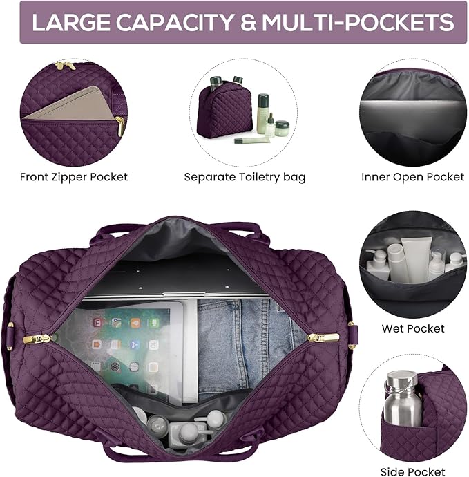 Travel Weekender Duffle Bags for Women - Large Carry On Bag with Shoe Compartment Overnight Bag with Toiletry Bag Duffel Bags with Wet Pocket for Gym Hospital Bags for Labor and Delivery Dark Purple