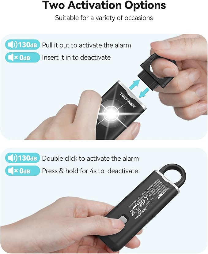 TECKNET Rechargeable Personal Safety Alarm for Women, 130dB Self Defense Keychain Alarms with SOS Strobe Light, Low Battery Notice, Personal Alarm Loud Siren Safety Keychain for Girls Kids Elderly