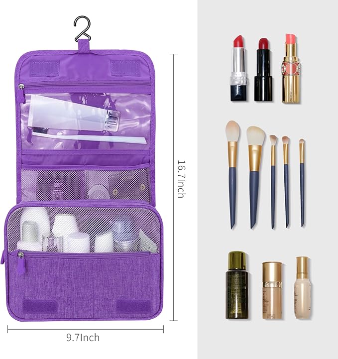 Lcsmaokin Large Capacity Toiletry Bag Travel Bag with Hanging Hook for Men and Women Waterproof Travel Cosmetic Bag Bathroom Storage Bag for Brushes Set, Full-Sized Shampoo, Toiletries, (Purple)