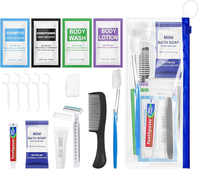 Personal Hygiene Kit Bulk Pack of 10,Individually Wrapped 13-IN-1 Blue Disposable Basic Travel Toiletry Set Homeless Care Package Supplies for Men,Women,Guests,Charity