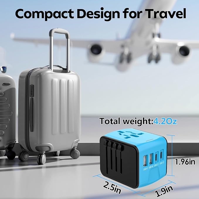 JMFONE Universal Travel Adapter, 4 USB C/A Ports & 2500W AC Outlets, All-in-One International Power Plug Adapter for All USB Devices, Worldwide Travel Charger for Europe US UK AU 200+ Countries (Blue)