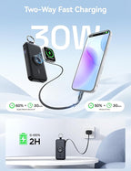 RORRY Portable Charger, 12000mAh 30W Fast Charging Power Bank with Built-in Retractable USB C Cable, Battery Pack with Keychain, Travel Essentials for iPhone, Apple Watch, iPad, Black