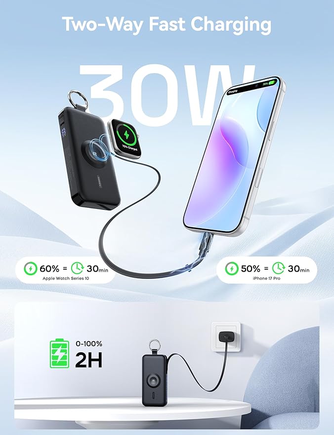 RORRY Portable Charger, 12000mAh 30W Fast Charging Power Bank with Built-in Retractable USB C Cable, Battery Pack with Keychain, Travel Essentials for iPhone, Apple Watch, iPad, Black