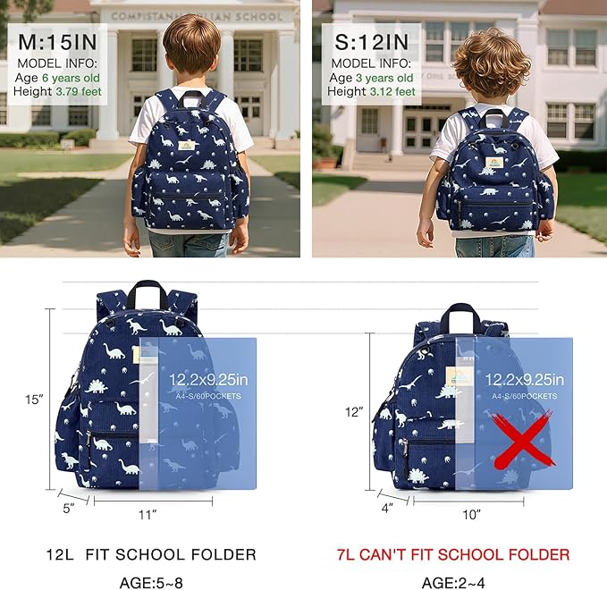 STEAMEDBUN Corduroy Kids Backpack for Boys and Girls 5-8: Boys Backpack for Elementary Kindergarten - 15 inch Cute Backpacks for Kids - Dinosaur
