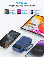 Portable Charger, 27000mAh 22.5W Fast Charging Power Bank with Built-in Cable, USB C Battery Pack with LED Display & Flash Light, Travel Essential External Battery Charger Bank for iPhone Samsung Navy