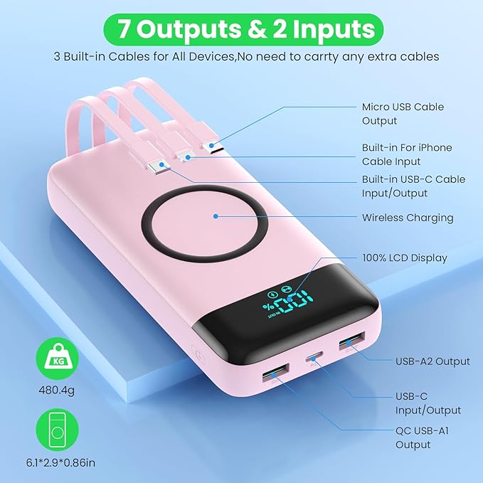 YHO Wireless Portable Charger 40800mAh for iPhone with Built-in Cables, Wireless Charging USB C Power Bank,25W PD Fast Charging Travel Essential Battery Pack for iPhone 17/16/15,Android-Pink