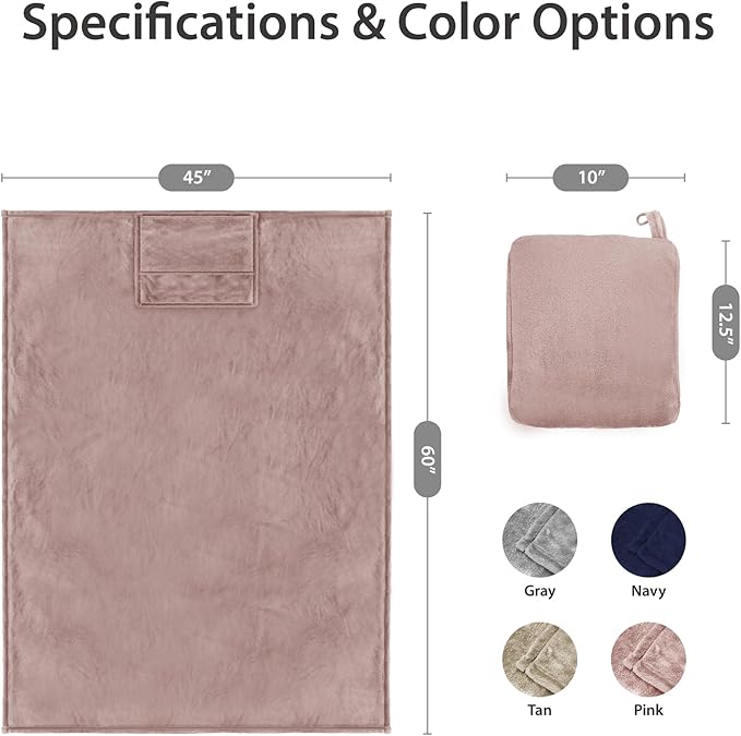 DEZ FURNISHINGS 4-in-1 Travel Compact Blanket Pillow Super Soft Velvet with Luggage Sleeve and Backpack Clip, Dusty Pink, 60" W x 45" H