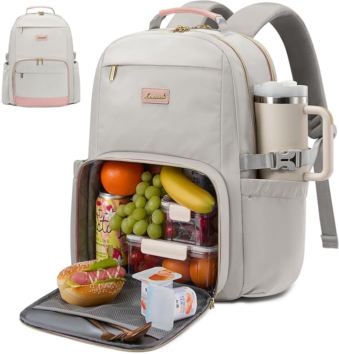 LOVEVOOK Lunch Backpack with Lunch Compartment,17 Inch Laptop Work Travel Insulated Cooler Backpack Purse, Waterproof College Teacher Lunch Bag Box with Tumbler Holder,Gifts for Men Women,Gray-Pink