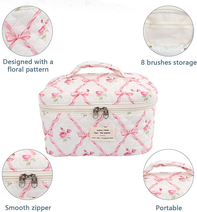 Gosect Large Makeup Bag, Cute Cosmetic Bag for Women Girls, Floral Coquette Aesthetic Toiletry Bag, Travel Make Up Organizer Bag (Pink Butterfly)