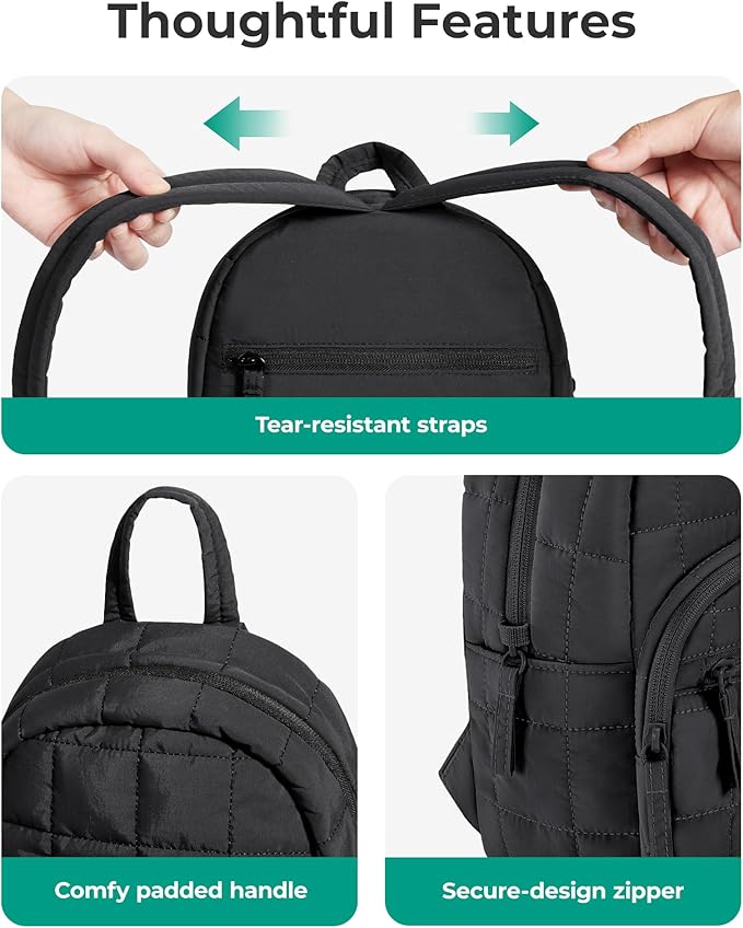 BAGSMART College Laptop Backpack, Travel Backpack for Women, Quilted Casual Daypack, Water-Resistant Bookbag, Mini-9.7 inch, Classic Black