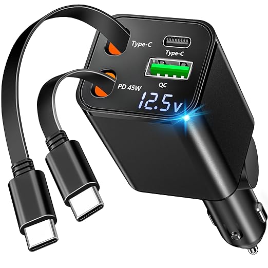 [Apple MFi Certified] Retractable Car Charger USB C, Braveridge 120W USB C Car Charger 4 in 1 PD/QC Type C Fast Charge Cigarette Lighter Adapter for iPhone 17/17 Pro Max/16 Pro/15/Galaxy S26/S25/Pixel