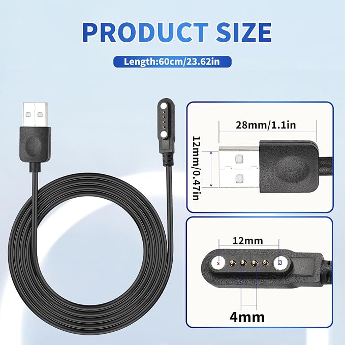 Smart Watch Charger Cable, Universal Magnetic SmartWatch Accessories Charger Cable 4 Pin Cord, Charger Contact pin spacing 7.62 mm for Smart Watch, Fitness Tracker (1)