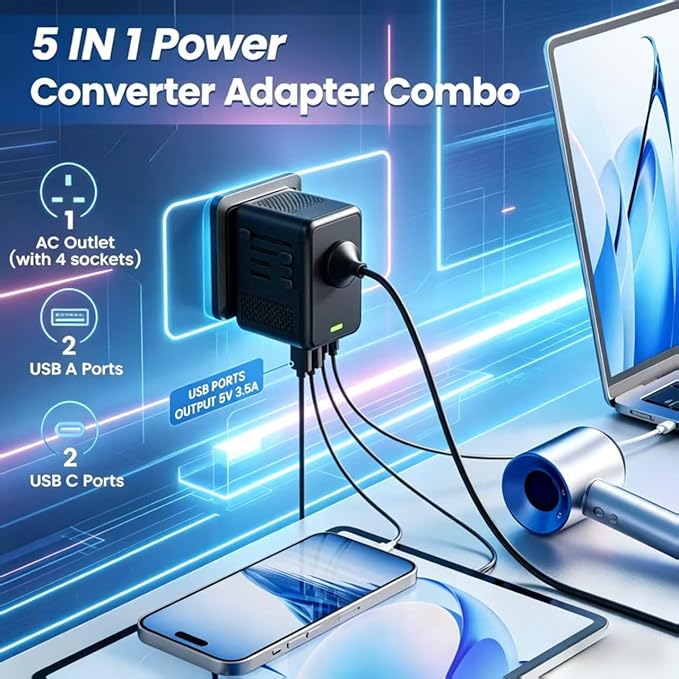 220V to 110V Voltage Converter US to Europe for Hair Dryer with Fast Charging 2 USB A & 2 USB C, Power Converter Adapter Combo International Adapter European Travel Converter C G A I (Black)