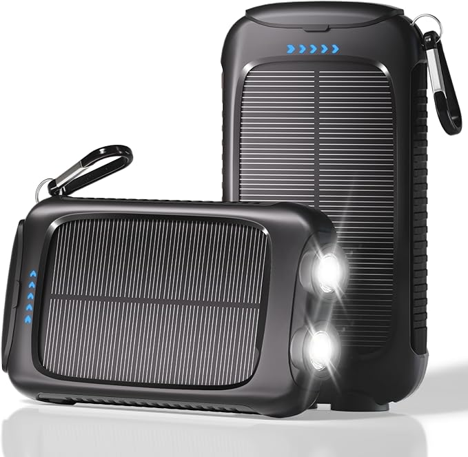 Portable Charger Solar Power Bank 20000mAh with USB-A and USB-C 5V/3A Output Port Black Battery Pack Compatible with iPhone, Samsung, Waterproof Emergency LED Flashlights Perfect for Camping, Hiking