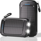 Portable Charger Solar Power Bank 20000mAh with USB-A and USB-C 5V/3A Output Port Black Battery Pack Compatible with iPhone, Samsung, Waterproof Emergency LED Flashlights Perfect for Camping, Hiking